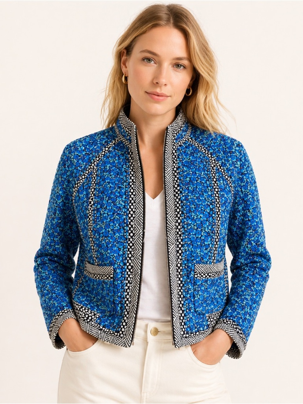 J.Crew Collection Silk Blend Quilted Jacket Blue Print NWOT Size 12